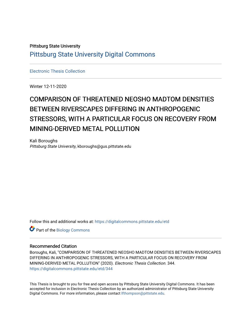 Comparison of Threatened Neosho Madtom Densities