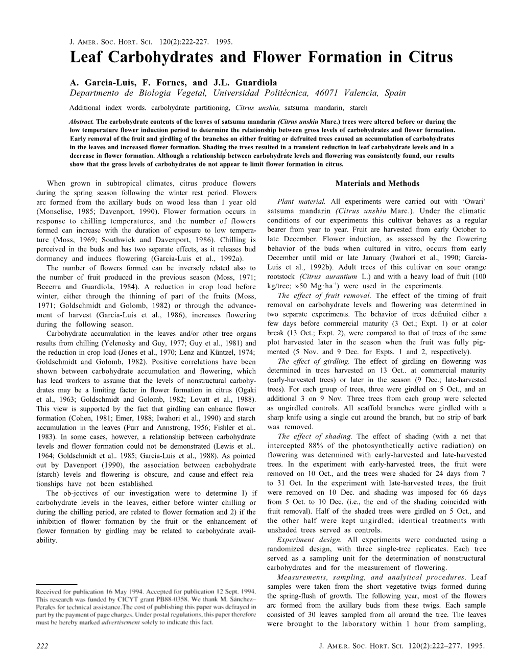 Leaf Carbohydrates and Flower Formation in Citrus