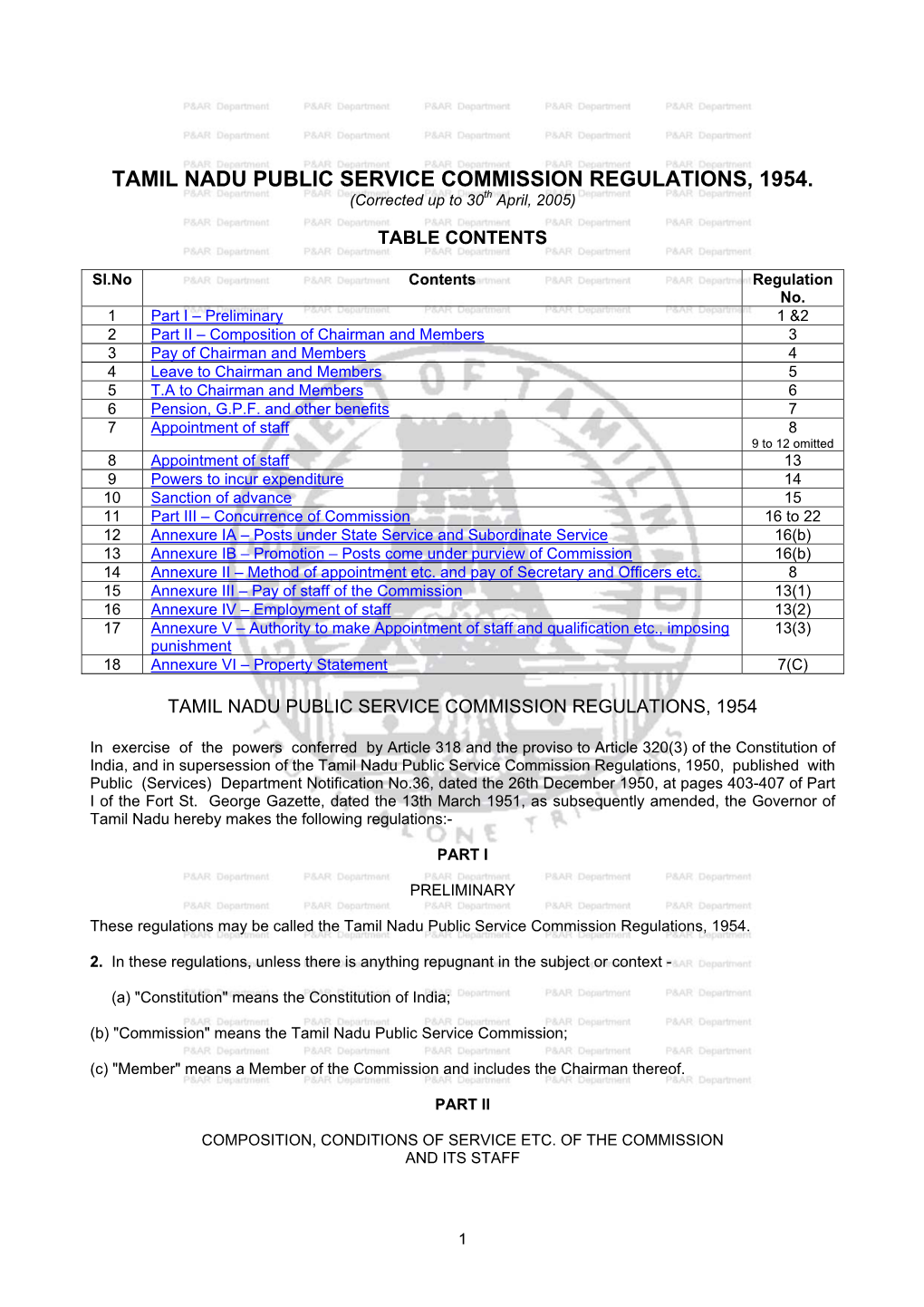 Tamil Nadu Public Service Commission Regulations, 1954