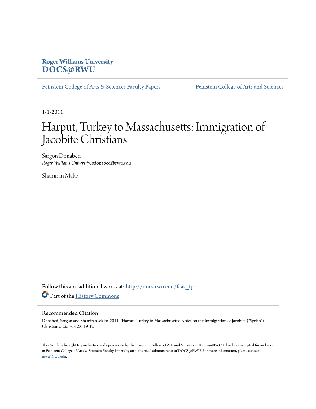 Harput, Turkey to Massachusetts: Immigration of Jacobite Christians Sargon Donabed Roger Williams University, Sdonabed@Rwu.Edu