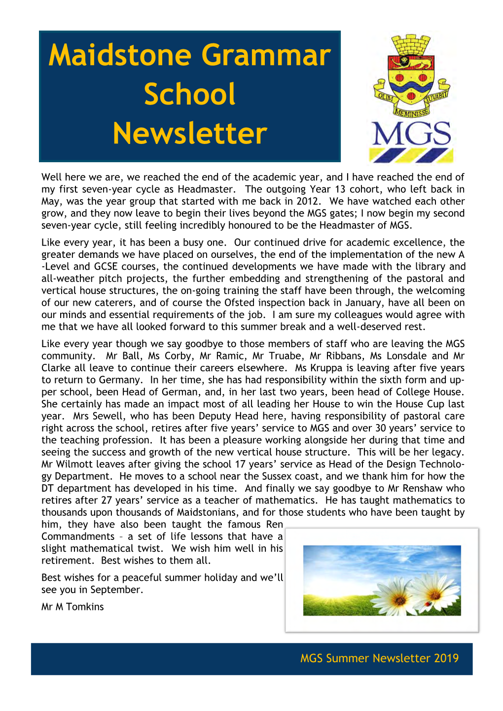 Maidstone Grammar School Newsletter