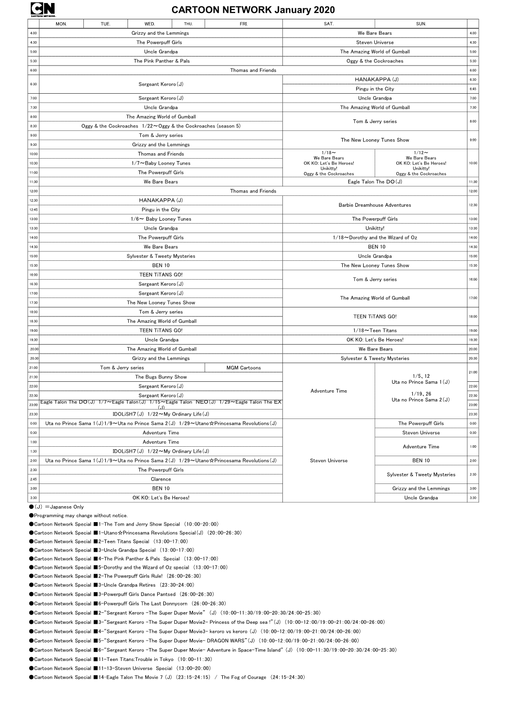 CARTOON NETWORK January 2020