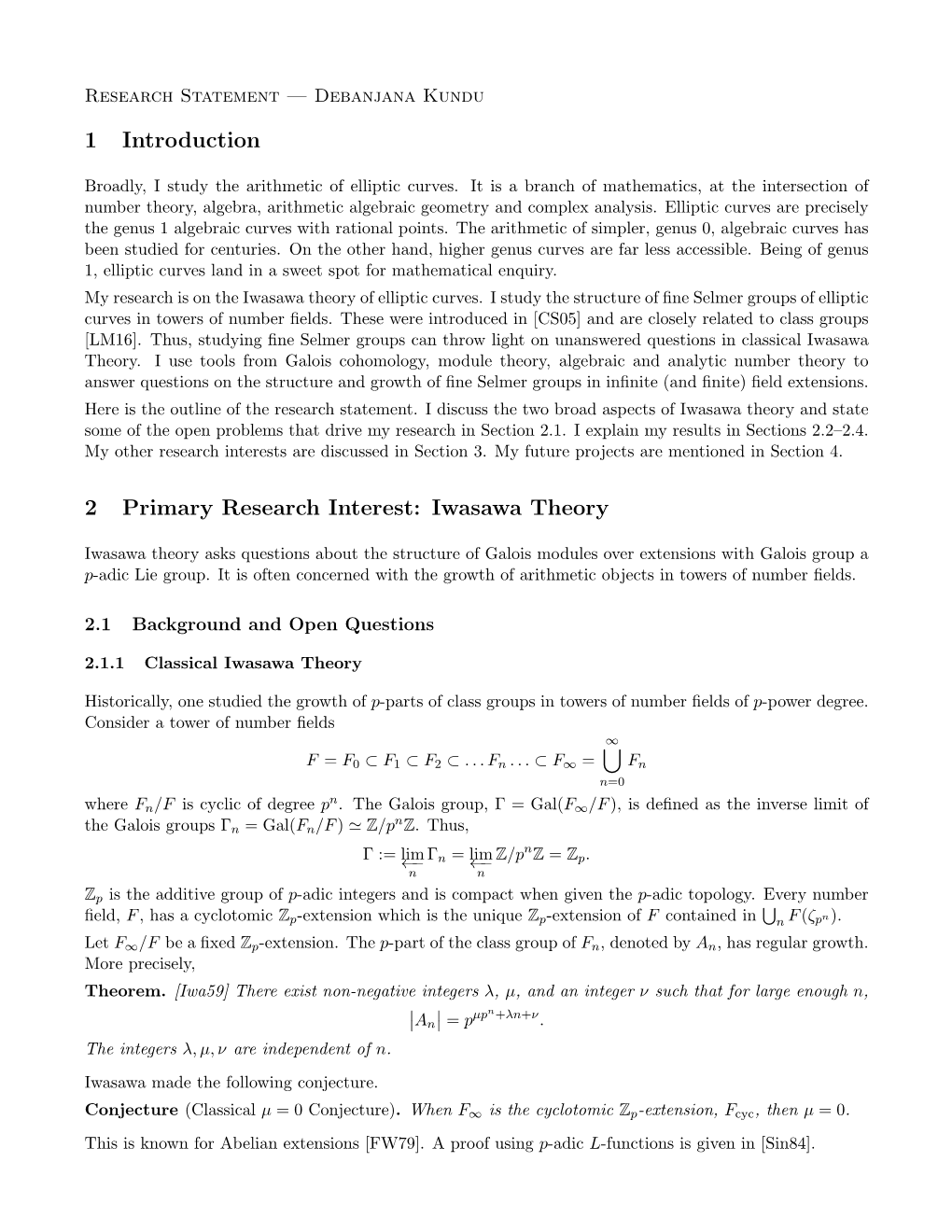 1 Introduction 2 Primary Research Interest: Iwasawa Theory