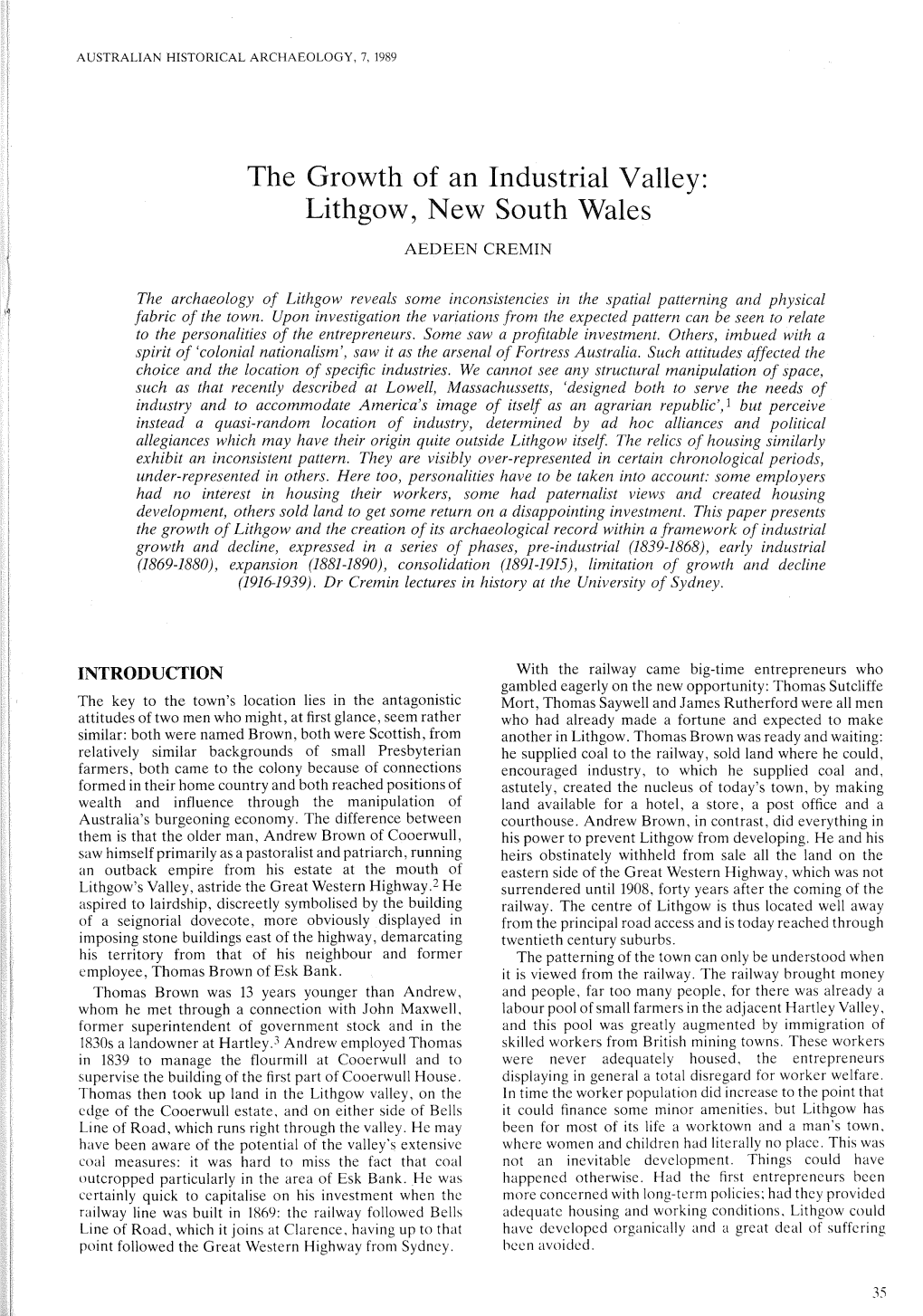 The Growth of an Industrial Valley: Lithgow, New South Wales