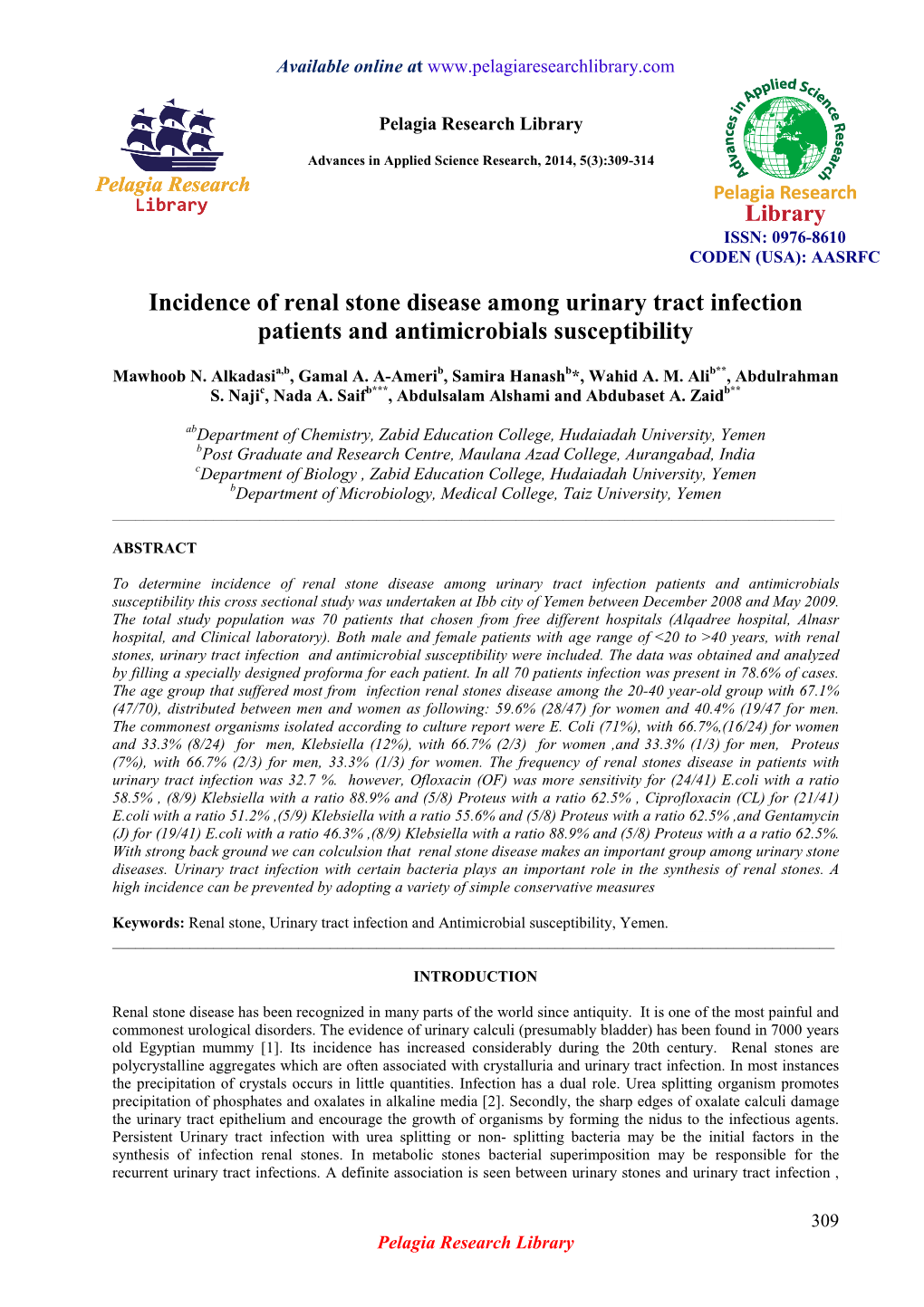 Incidence of Renal Stone Disease Among Urinary Tract Infection Patients and Antimicrobials Susceptibility