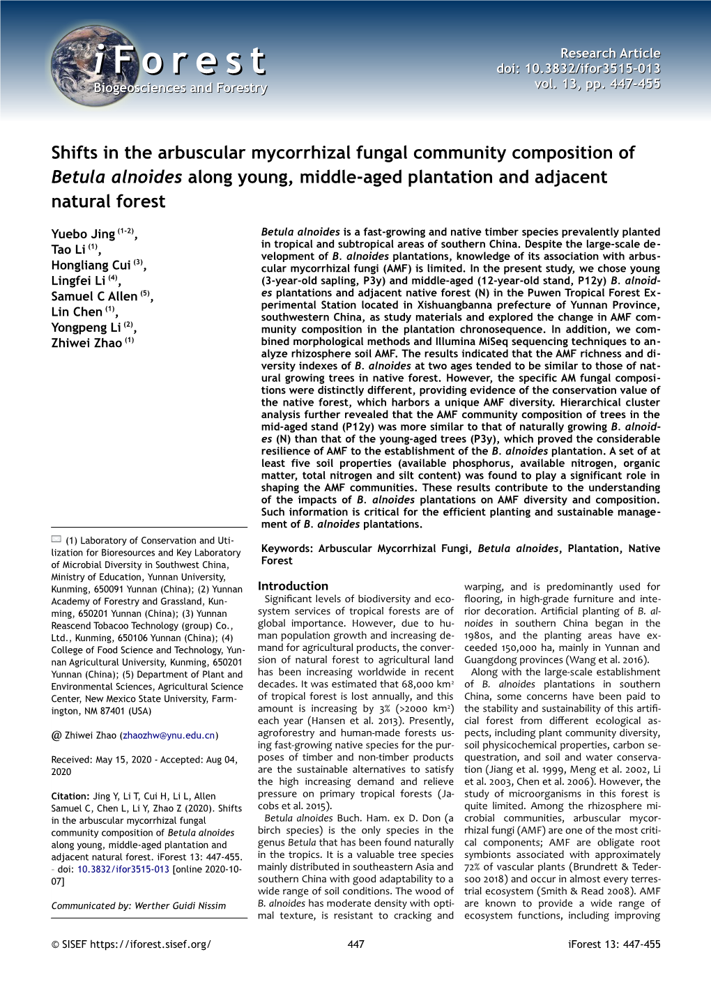 Shifts in the Arbuscular Mycorrhizal Fungal Community Composition of Betula Alnoides Along Young, Middle-Aged Plantation and Adjacent Natural Forest