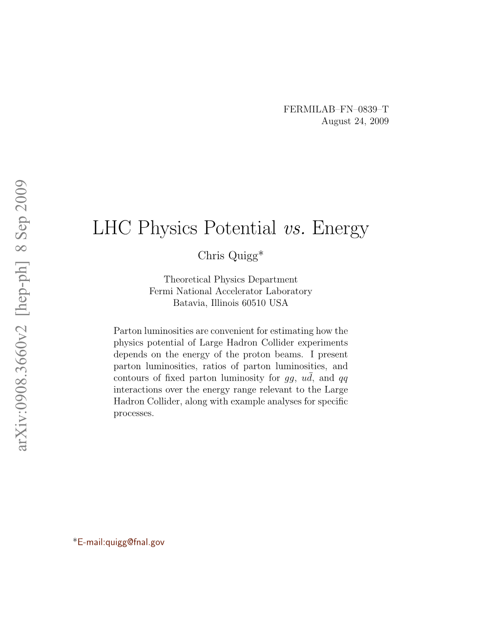 LHC Physics Potential Vs. Energy