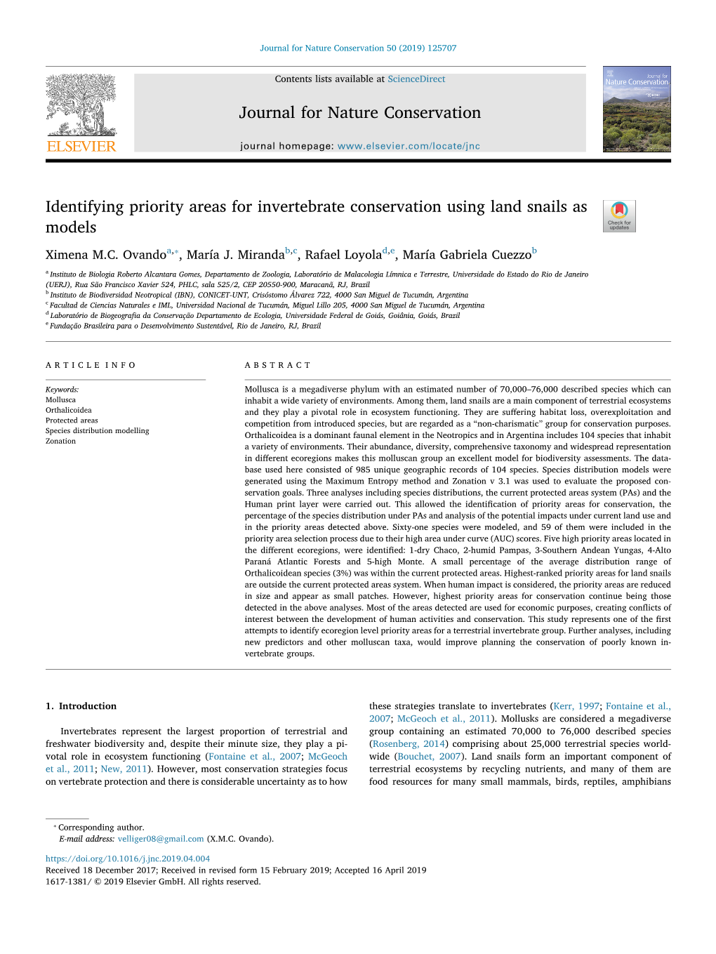 Identifying Priority Areas for Invertebrate Conservation Using Land Snails As Models T ⁎ Ximena M.C