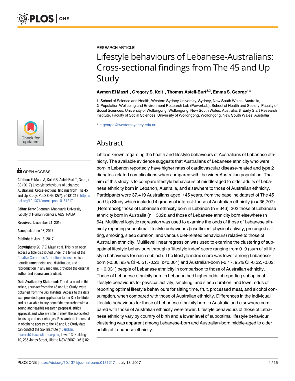 Lifestyle Behaviours of Lebanese-Australians: Cross-Sectional Findings from the 45 and up Study