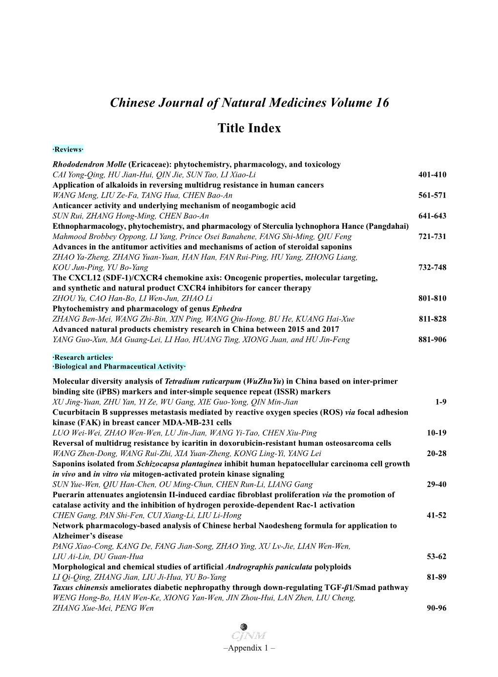 Chinese Journal of Natural Medicines Volume 16 Title Index