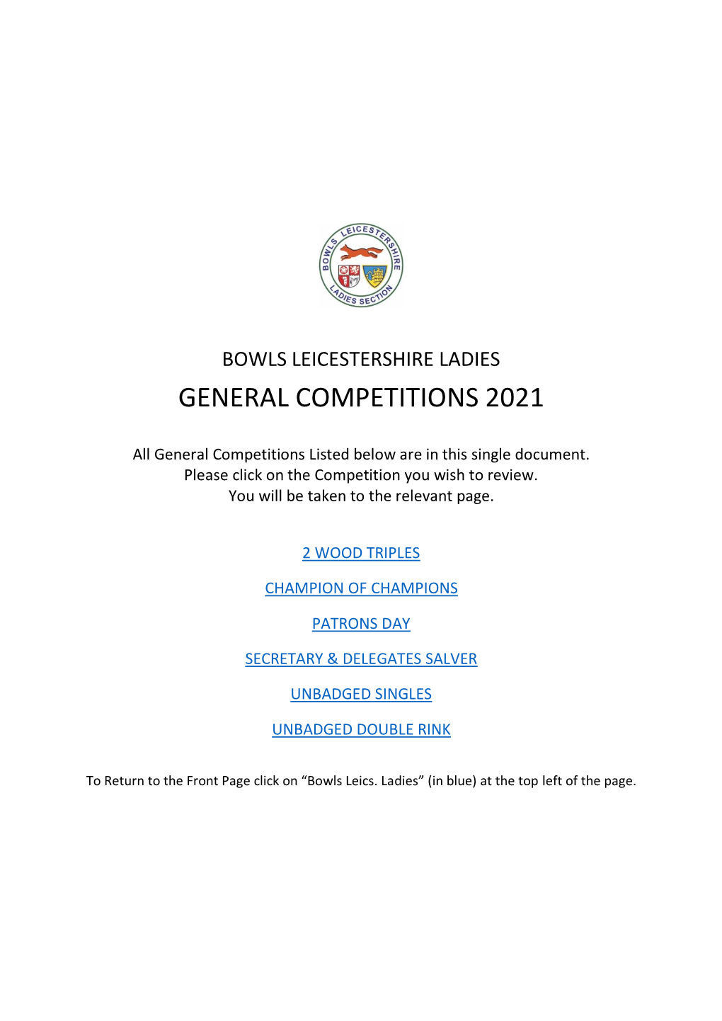 Bowls Leicestershire Ladies General Competitions 2021