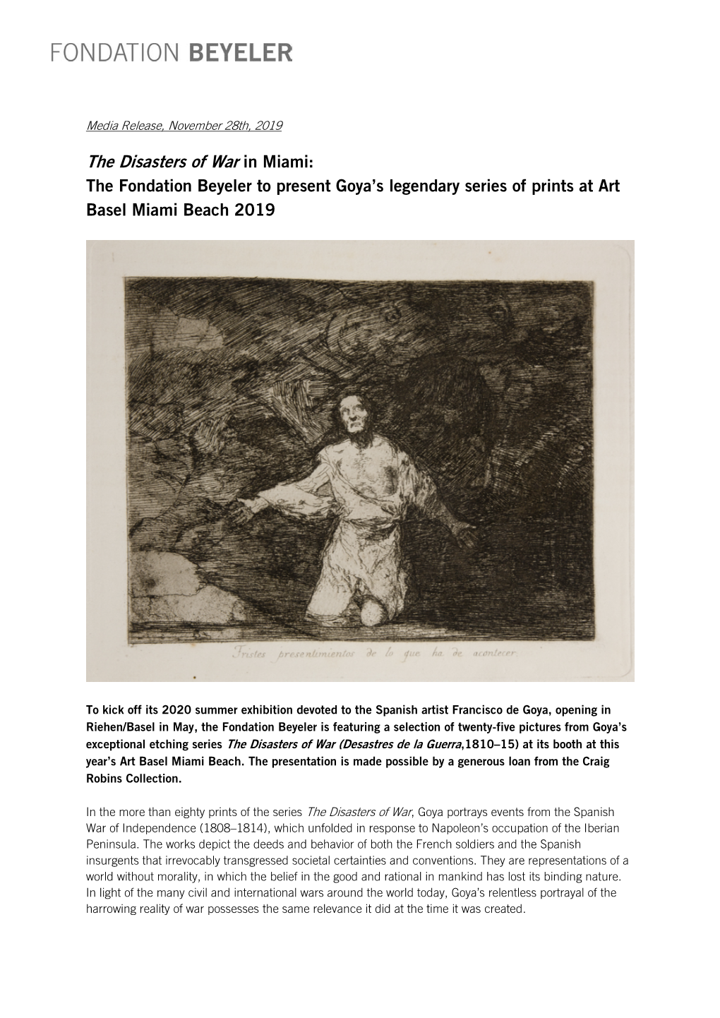 The Disasters of War in Miami: the Fondation Beyeler to Present Goya’S Legendary Series of Prints at Art Basel Miami Beach 2019