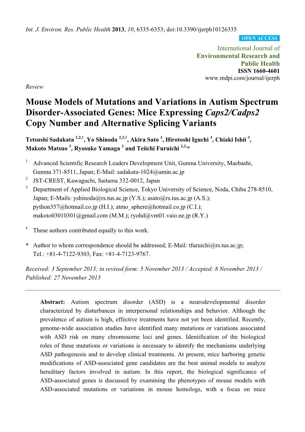 Mouse Models of Mutations and Variations in Autism Spectrum Disorder-Associated Genes: Mice Expressing Caps2/Cadps2 Copy Number and Alternative Splicing Variants
