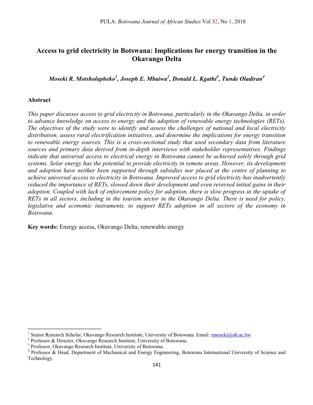 Access to Grid Electricity in Botswana: Implications for Energy Transition in the Okavango Delta