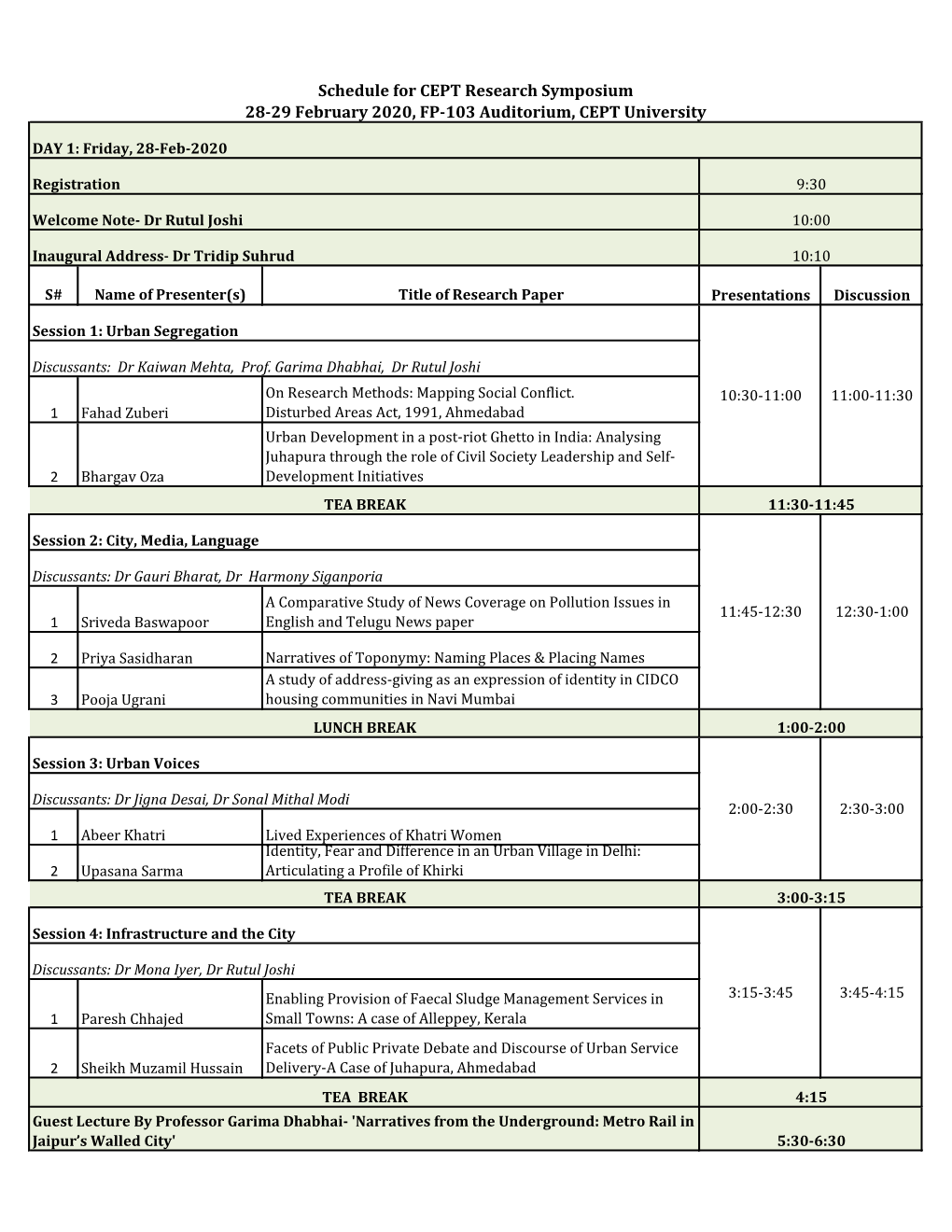 Schedule for CEPT Research Symposium 28-29 February 2020, FP-103 Auditorium, CEPT University