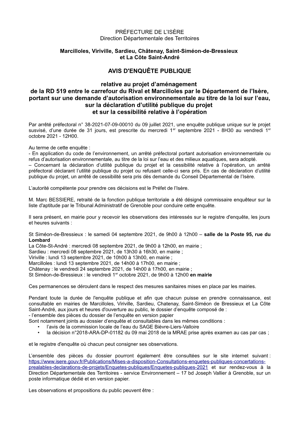 AVIS D'enquête PUBLIQUE Relative Au Projet D'aménagement De La RD
