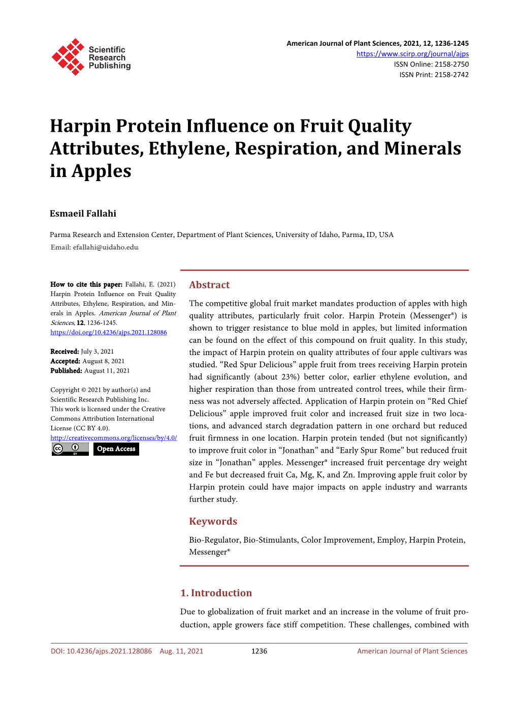 Harpin Protein Influence on Fruit Quality Attributes, Ethylene, Respiration, and Minerals in Apples