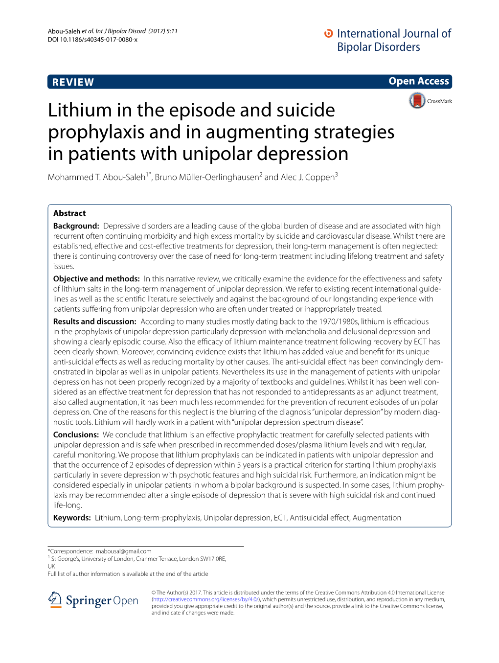 Lithium in the Episode and Suicide Prophylaxis and in Augmenting Strategies in Patients with Unipolar Depression Mohammed T