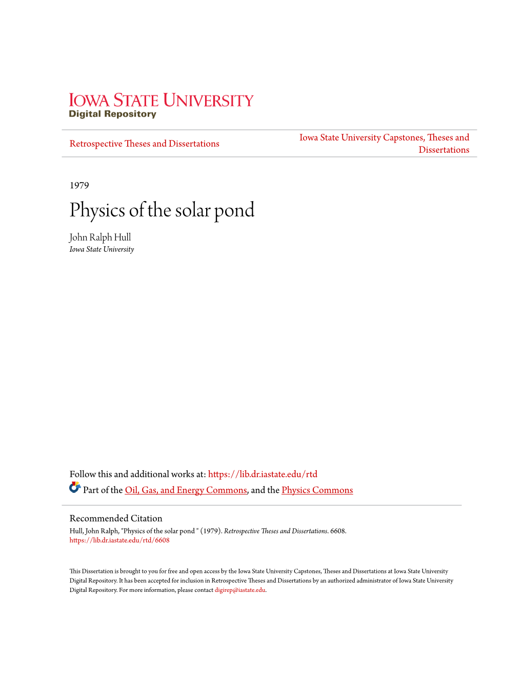 Physics of the Solar Pond John Ralph Hull Iowa State University