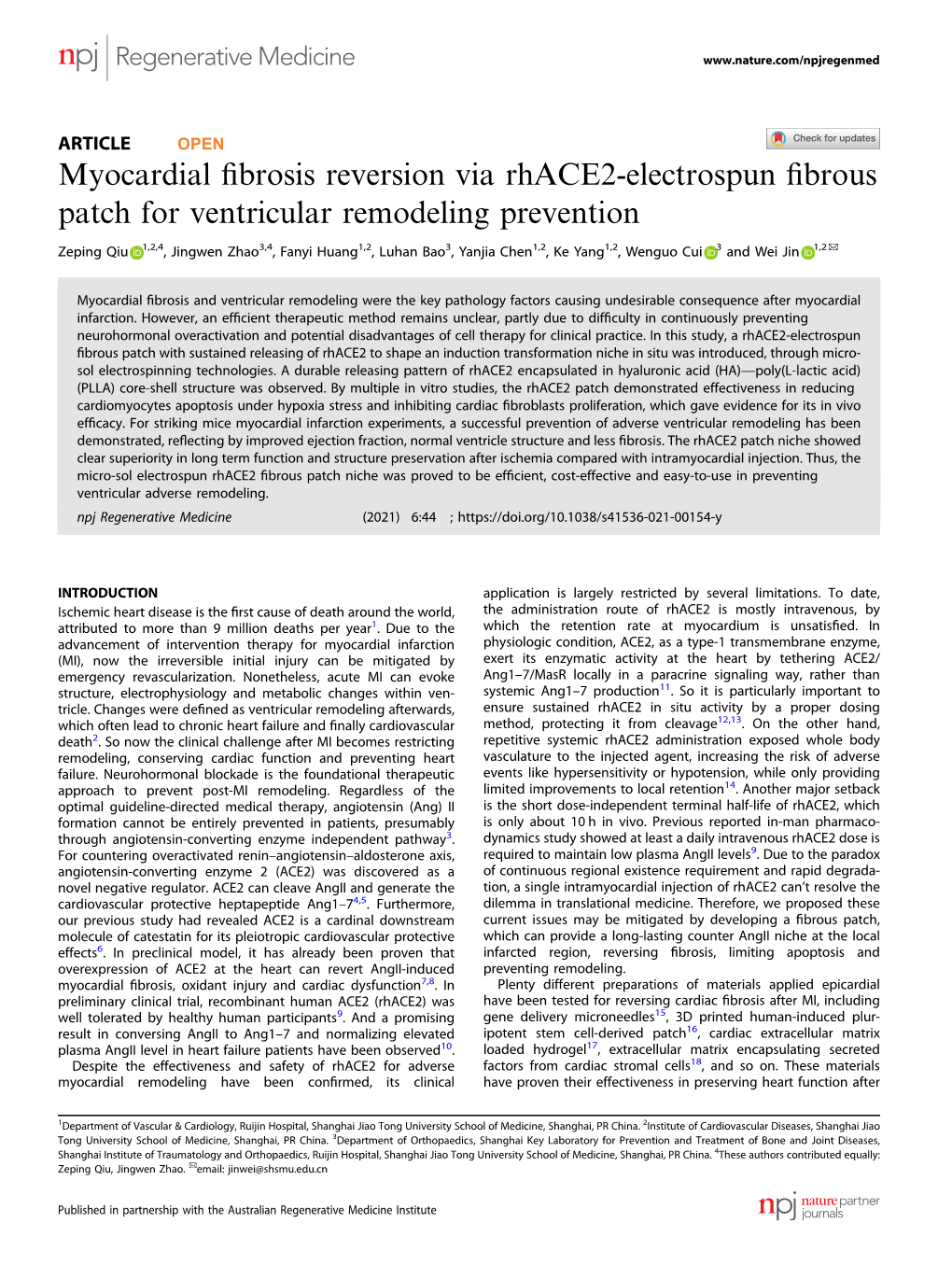 Myocardial Fibrosis Reversion Via Rhace2-Electrospun Fibrous Patch