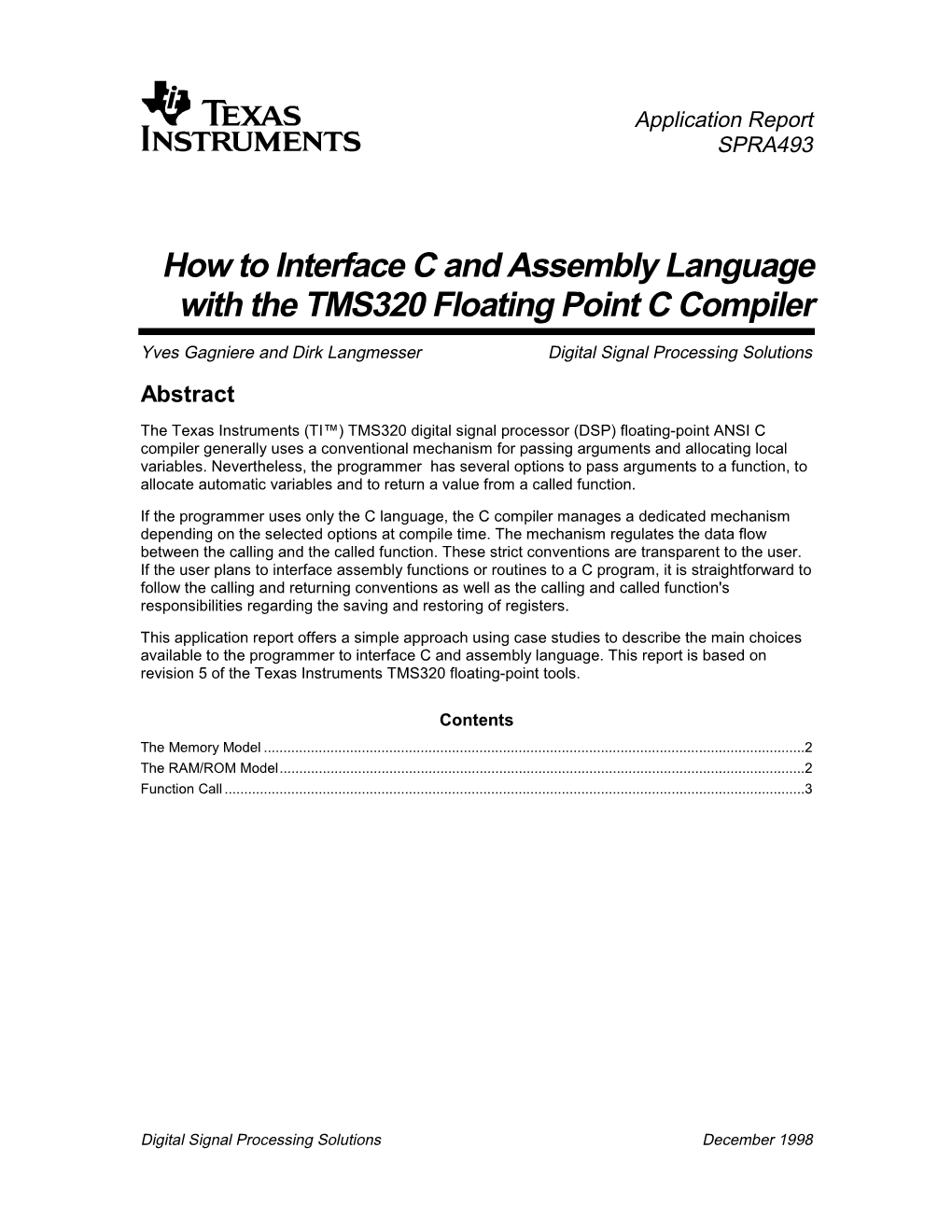 How to Interface C and Assembly Language with the TMS320 Floating Point C Compiler