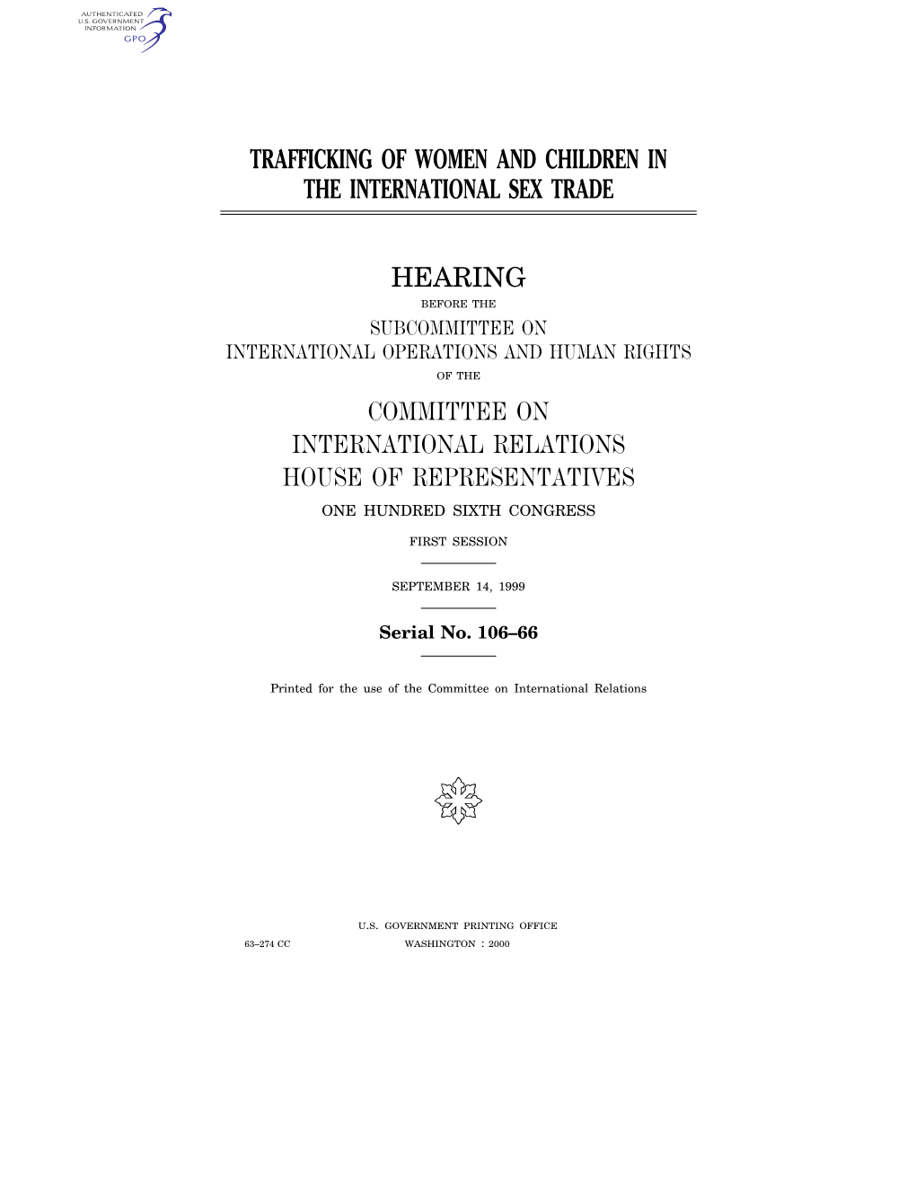 Trafficking of Women and Children in the International Sex Trade Hearing