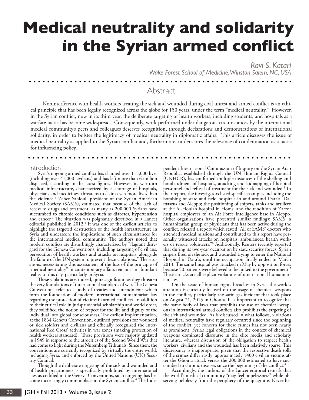 Medical Neutrality and Solidarity in the Syrian Armed Conflict Ravi S