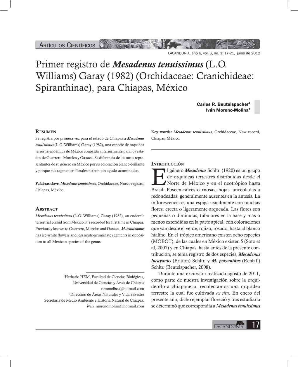 Primer Registro De Mesadenus Tenuissimus (L.O. Williams) Garay (1982) (Orchidaceae: Cranichideae: Spiranthinae), Para Chiapas, México