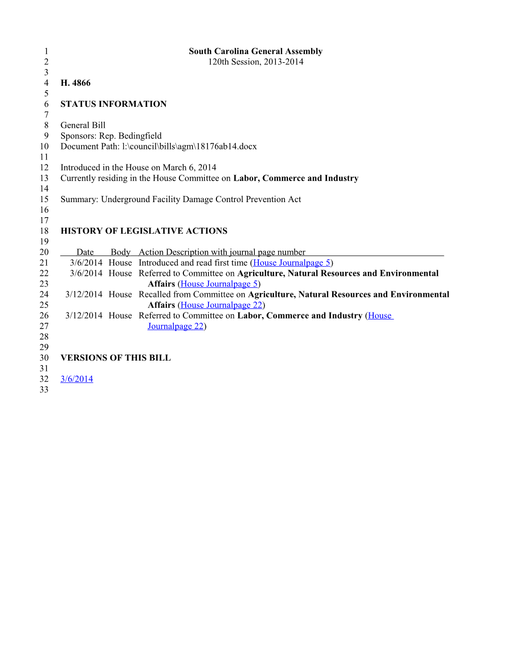 2013-2014 Bill 4866: Underground Facility Damage Control Prevention Act - South Carolina