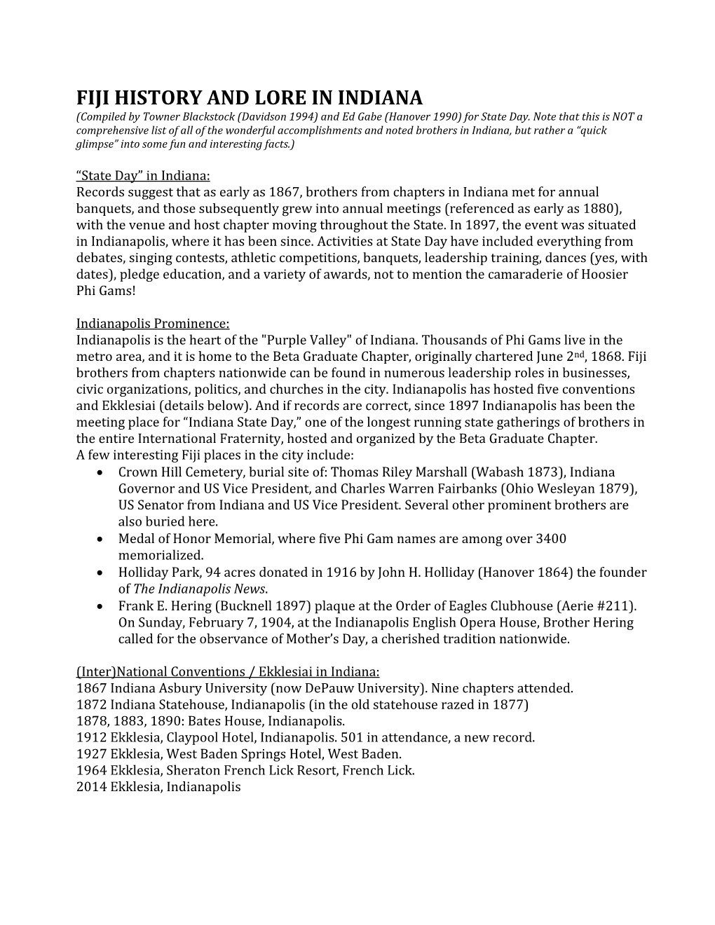 FIJI HISTORY and LORE in INDIANA (Compiled by Towner Blackstock (Davidson 1994) and Ed Gabe (Hanover 1990) for State Day