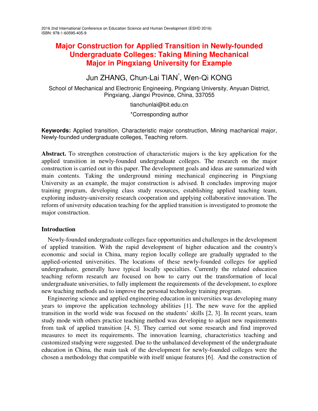 Major Construction for Applied Transition in Newly-Founded Undergraduate Colleges: Taking Mining Mechanical Major in Pingxiang University for Example