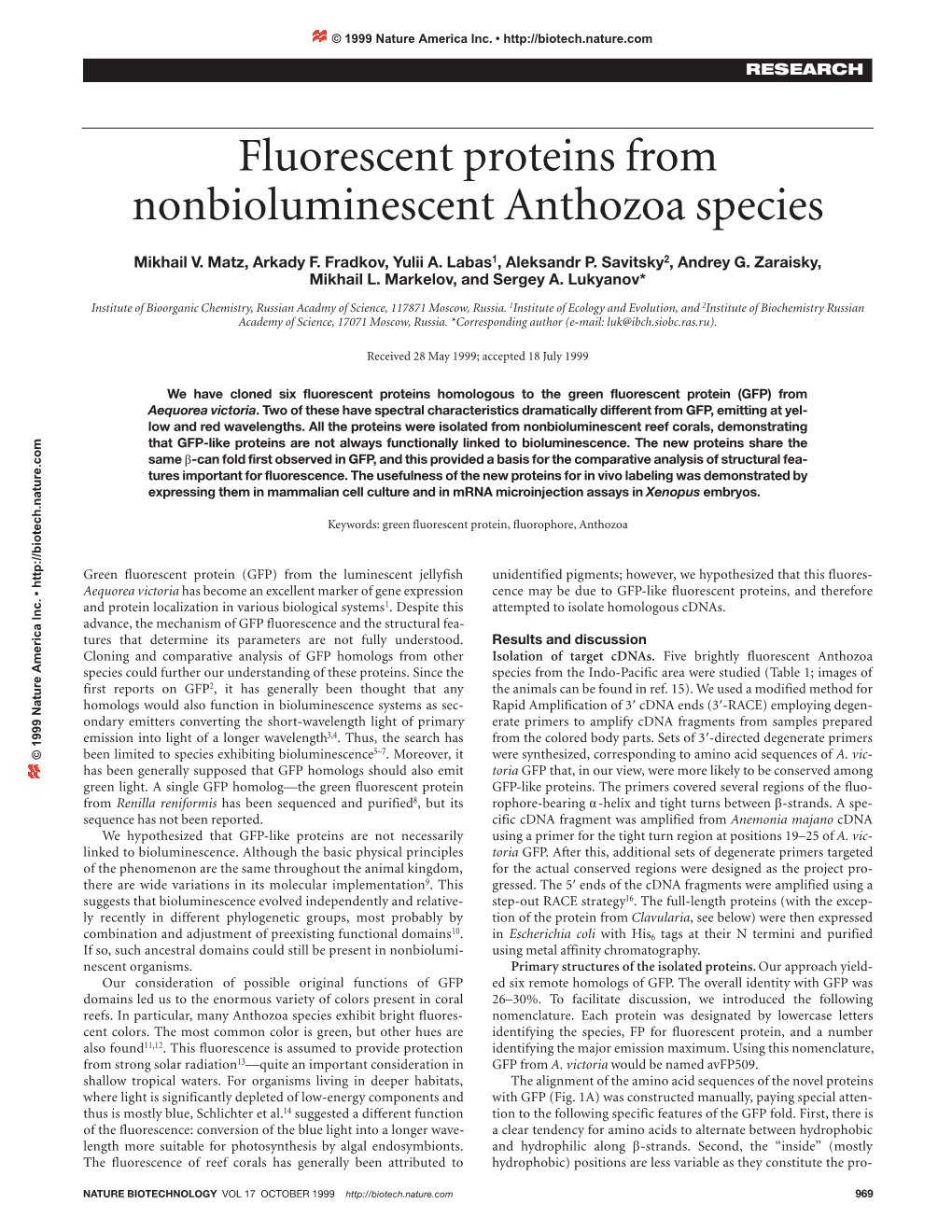 Fluorescent Proteins from Nonbioluminescent Anthozoa Species