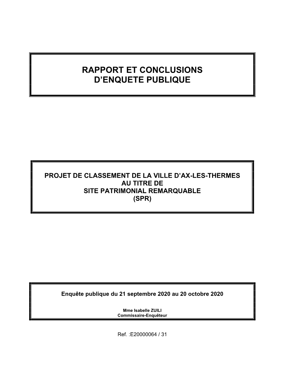 Rapport Et Conclusions D'enquete Publique