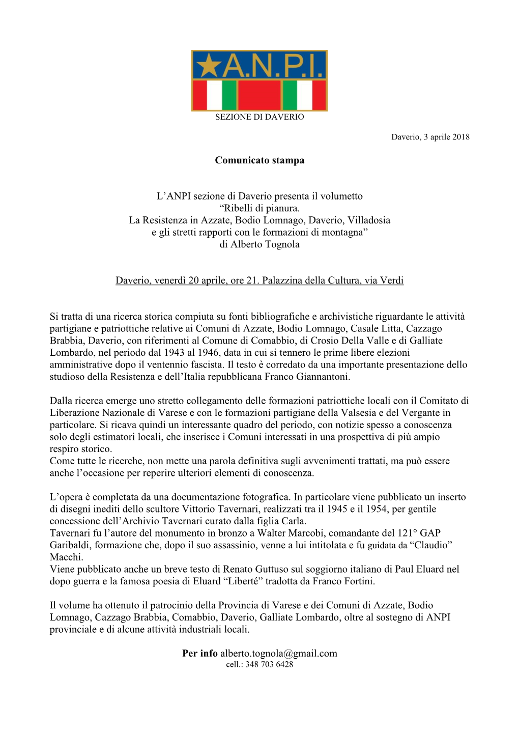 Comunicato Stampa L'anpi Sezione Di Daverio Presenta Il Volumetto