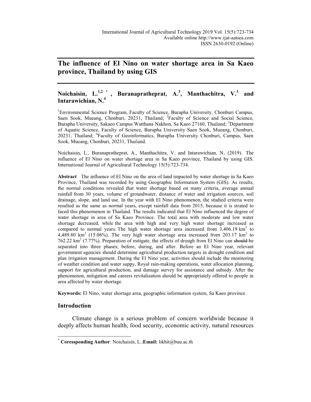 Influence of El Nino on Water Shortage Area in Sa Kaeo Province, Thailand by Using GIS