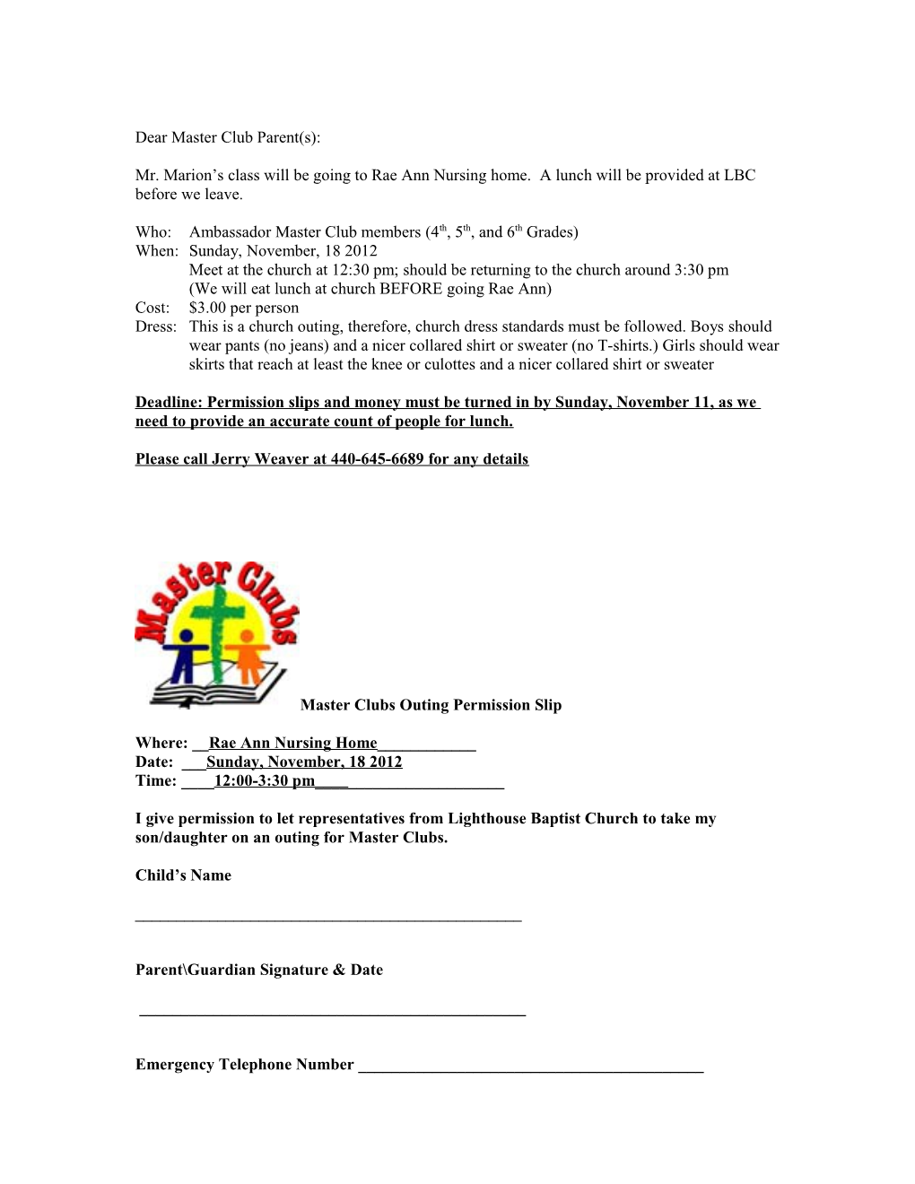 Master Clubs Outing Permission Slip