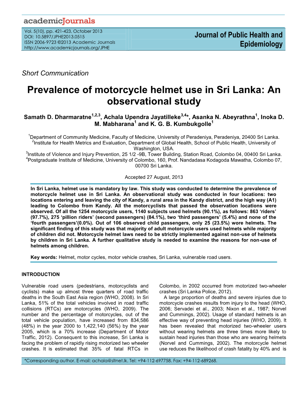 Prevalence of Motorcycle Helmet Use in Sri Lanka: an Observational Study