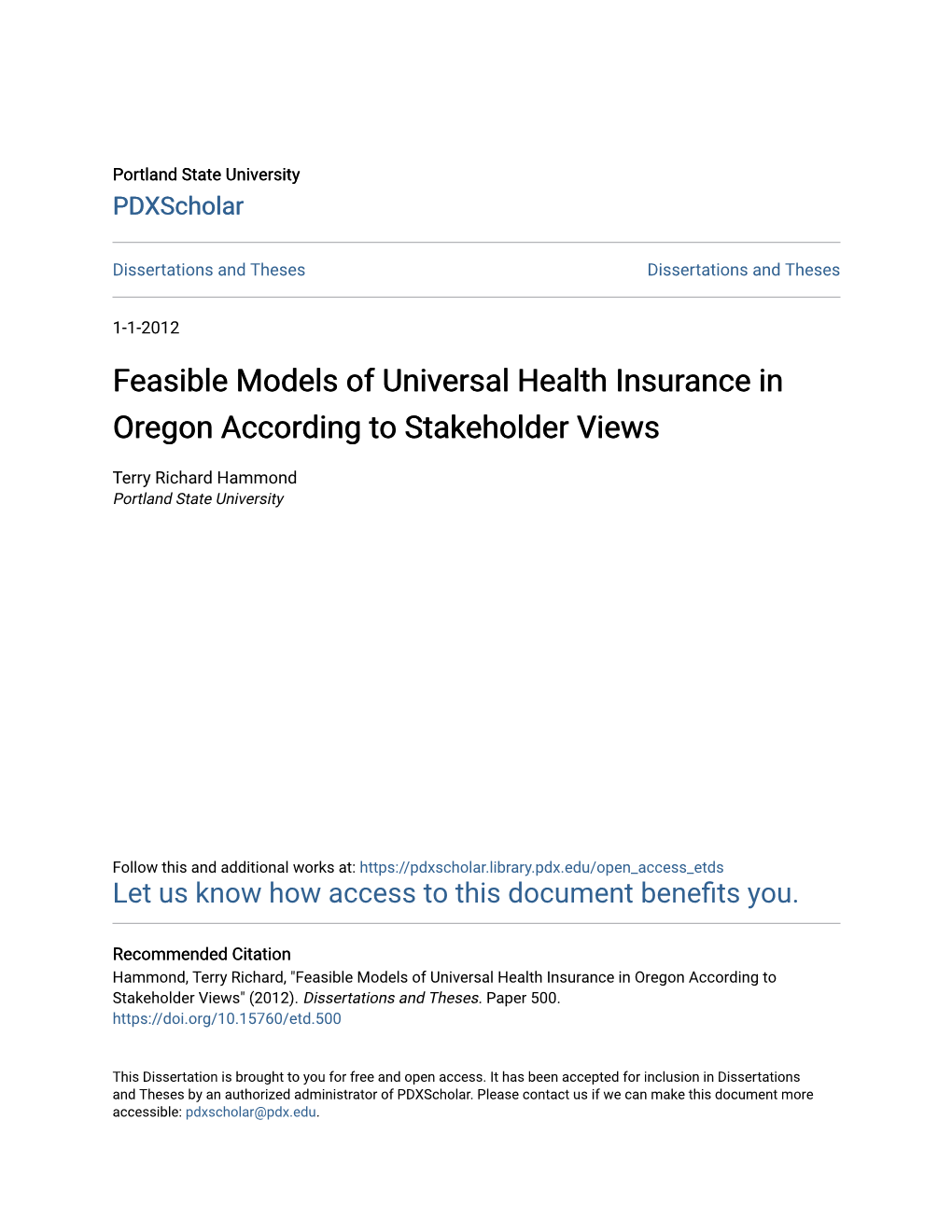 Feasible Models of Universal Health Insurance in Oregon According to Stakeholder Views