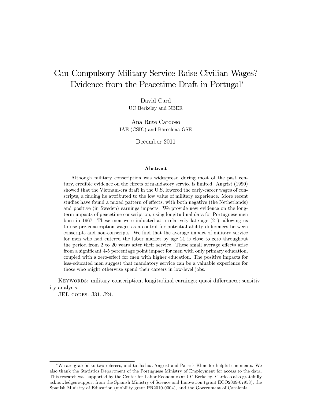 Can Compulsory Military Service Raise Civilian Wages? Evidence from the Peacetime Draft in Portugal∗