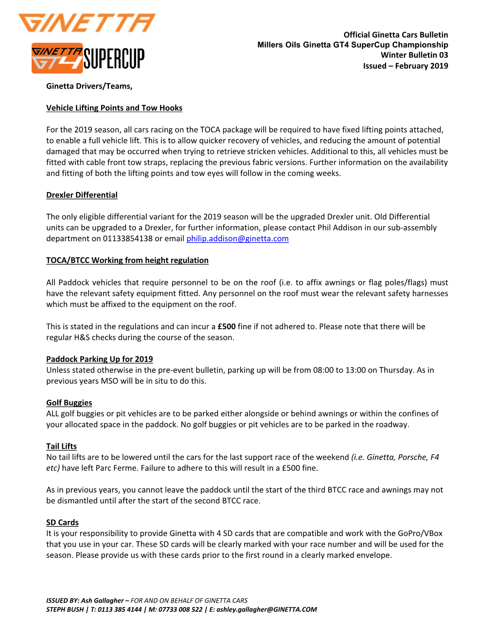 Official Ginetta Cars Bulletin Winter Bulletin 03 Issued – February 2019 Ginetta Drivers/Teams, Vehicle Lifting Points And