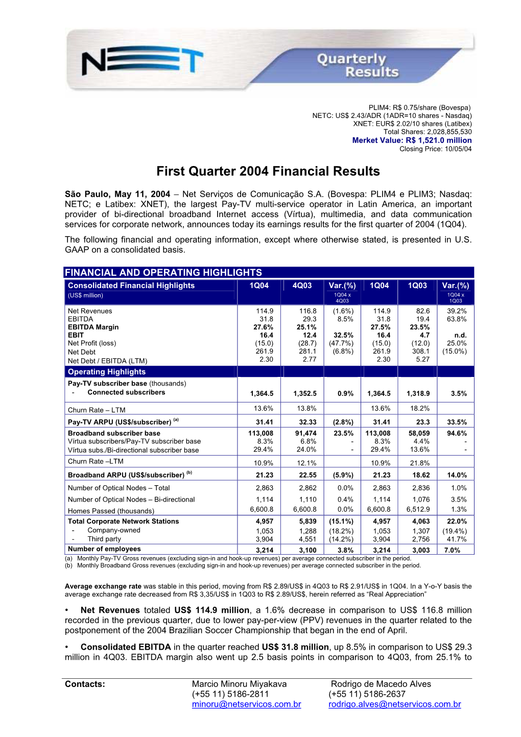 First Quarter 2004 Financial Results