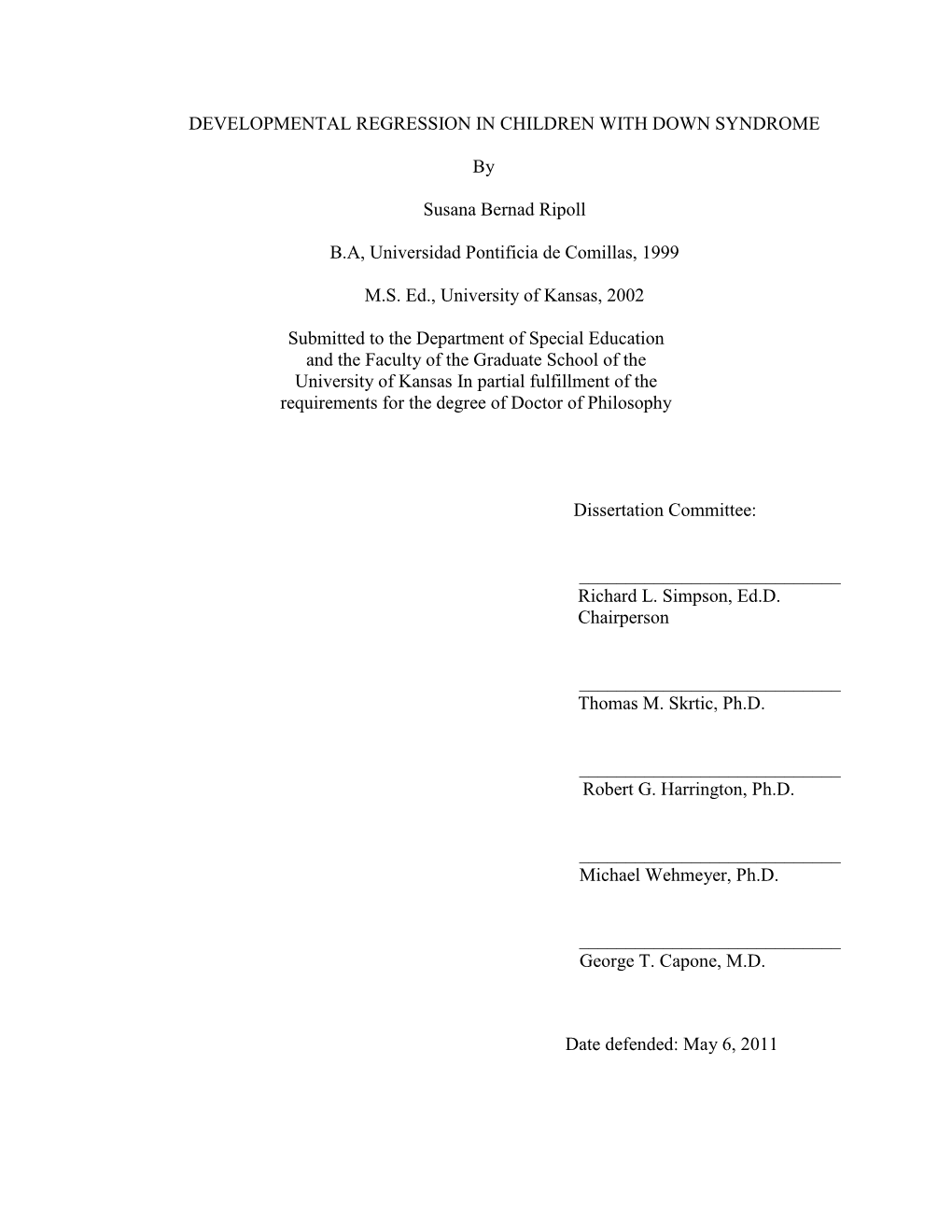 Developmental Regression in Children with Down Syndrome