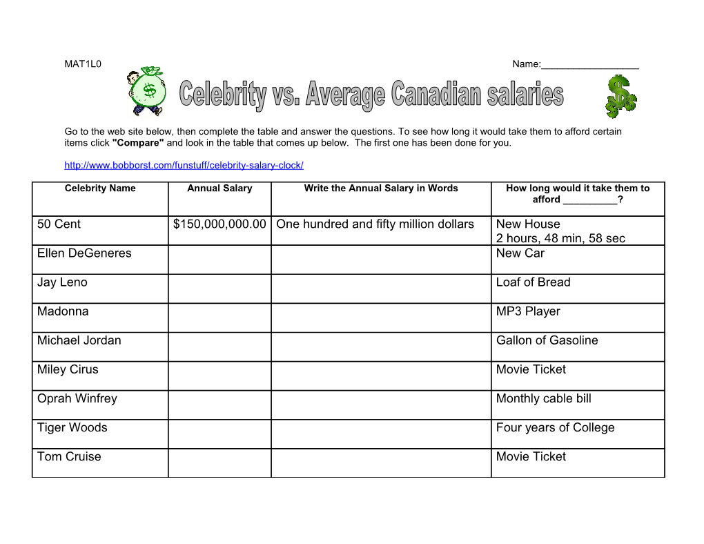 Go to the Web Site Below, Then Complete the Table and Answer the Questions. to See How