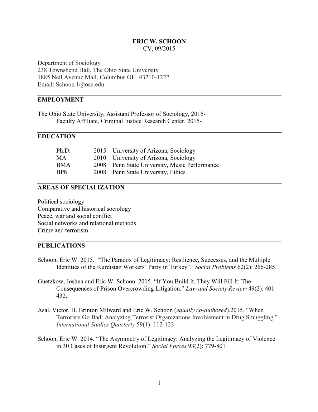 1 ERIC W. SCHOON CV, 09/2015 Department of Sociology 238