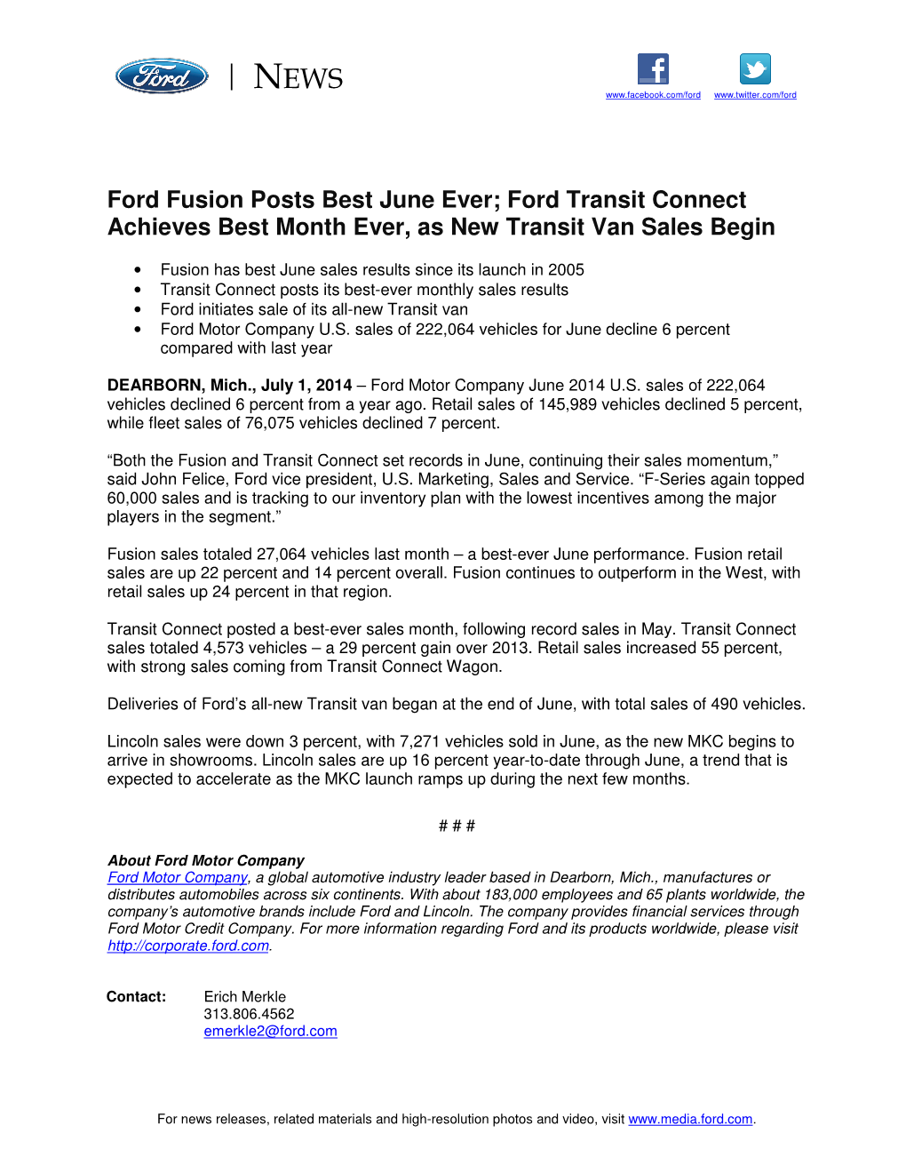 Ford Fusion Posts Best June Ever; Ford Transit Connect Achieves Best Month Ever, As New Transit Van Sales Begin