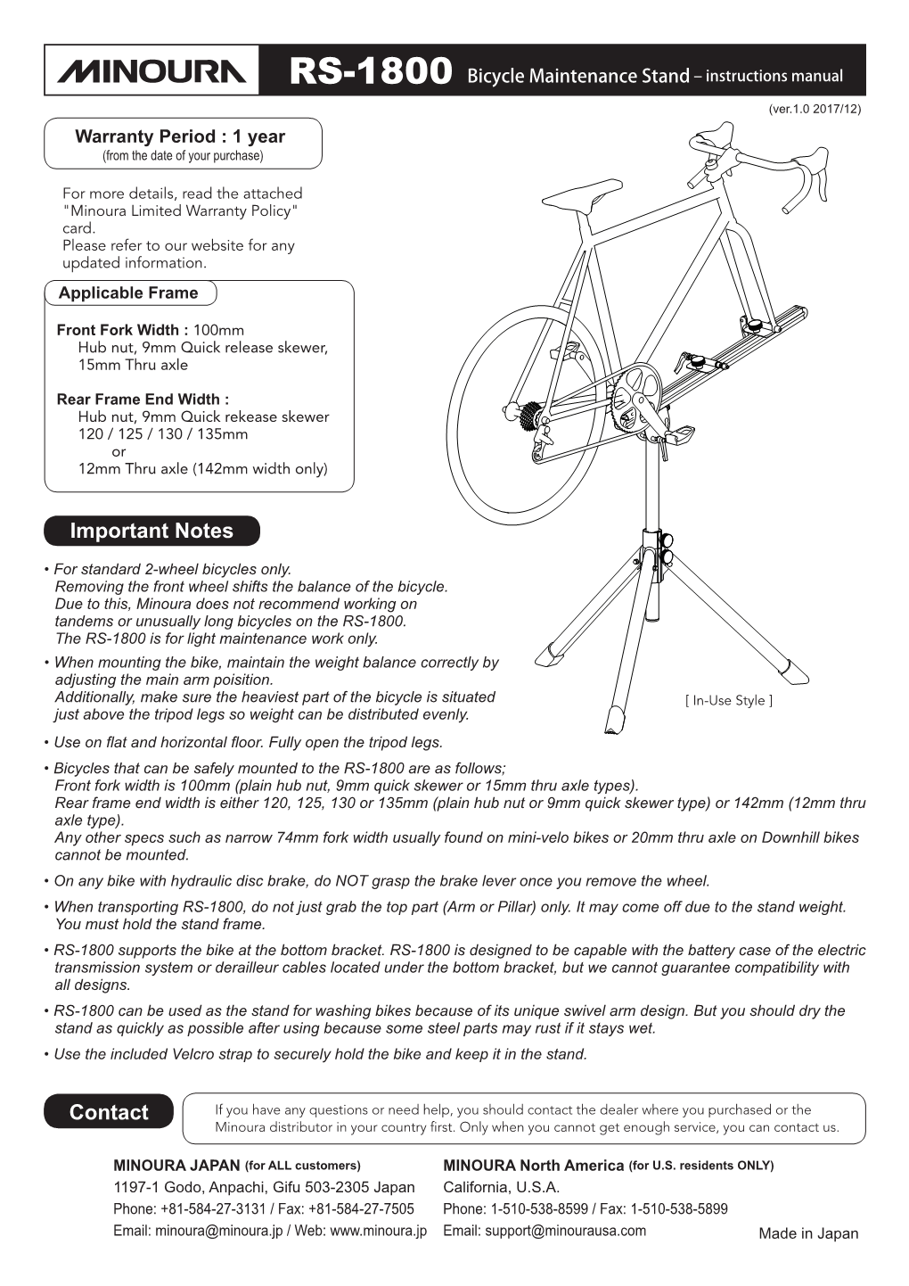 RS-1800 Instructions Manual | MINOURA JAPA