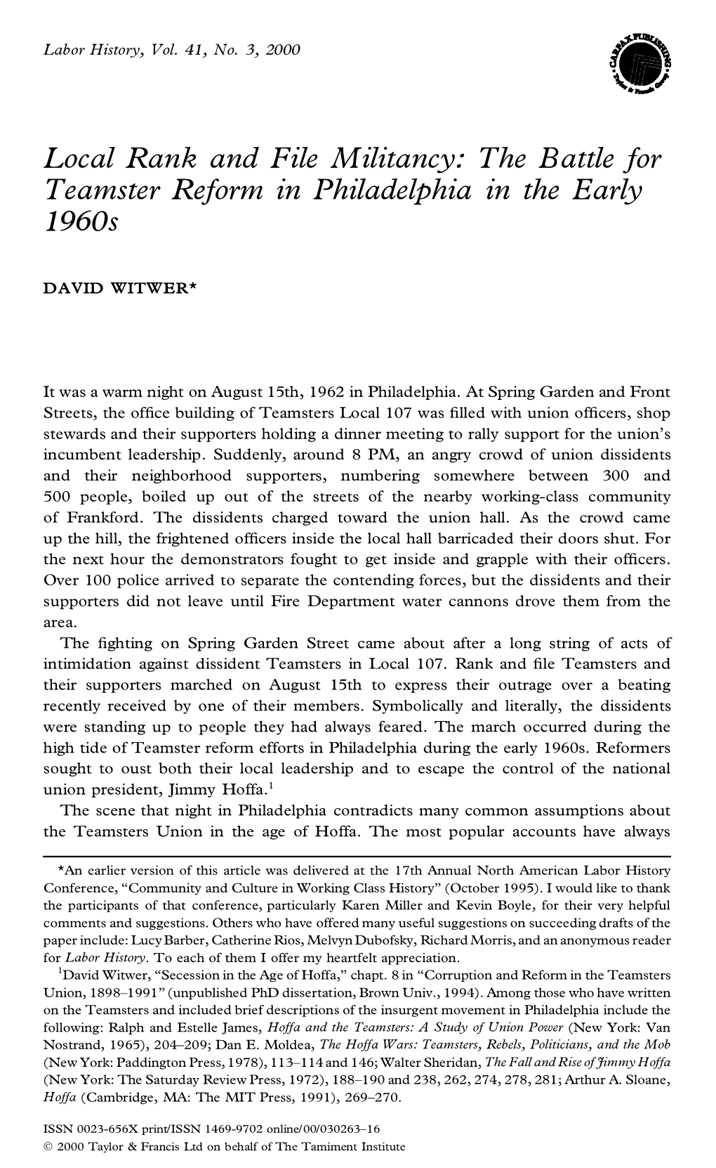 The Battle for Teamster Reform in Philadelphia in the Early 1960S