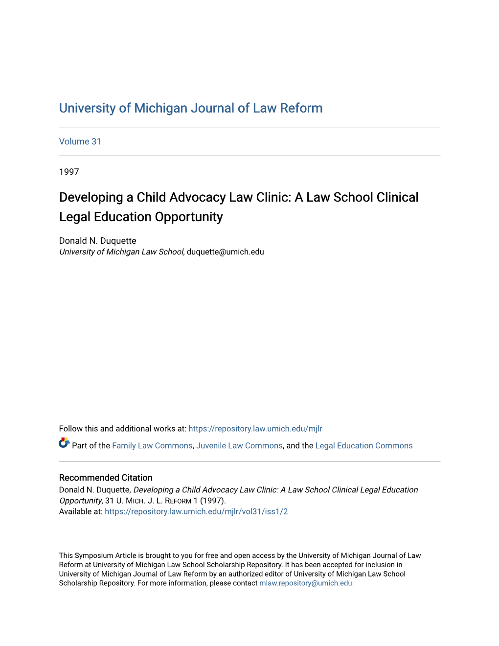 Developing a Child Advocacy Law Clinic: a Law School Clinical Legal Education Opportunity