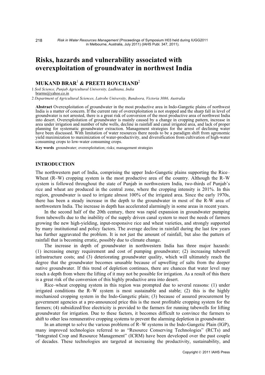 Risks, Hazards and Vulnerability Associated with Overexploitation of Groundwater in Northwest India