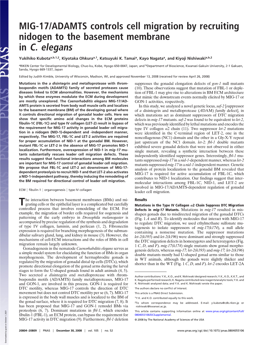 MIG-17/ADAMTS Controls Cell Migration by Recruiting Nidogen to the Basement Membrane in C